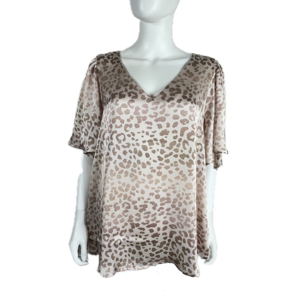 Emily Wonder Mocha Leopard Print Satiny Short Angel Sleeve Blouse - Picture 1 of 6
